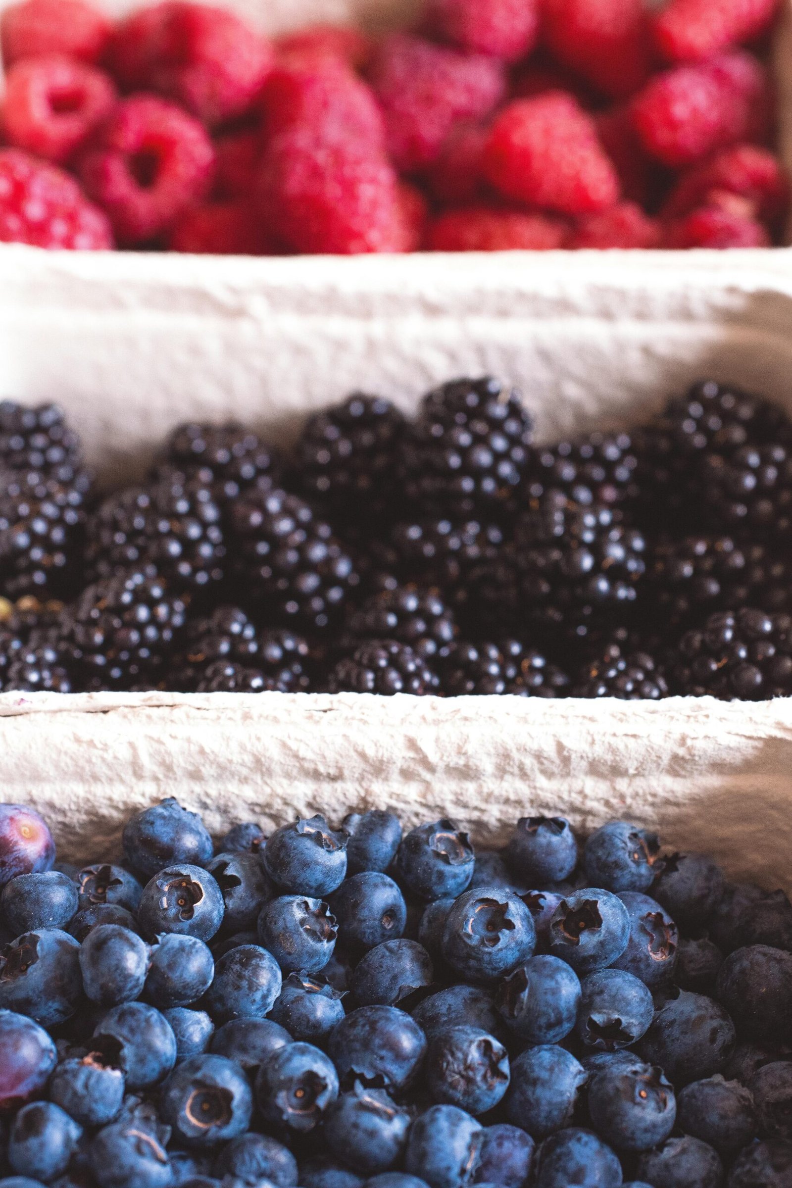 Close-up of fresh blueberries, blackberries, and raspberries at a market, showcasing vibrant colors and freshness.